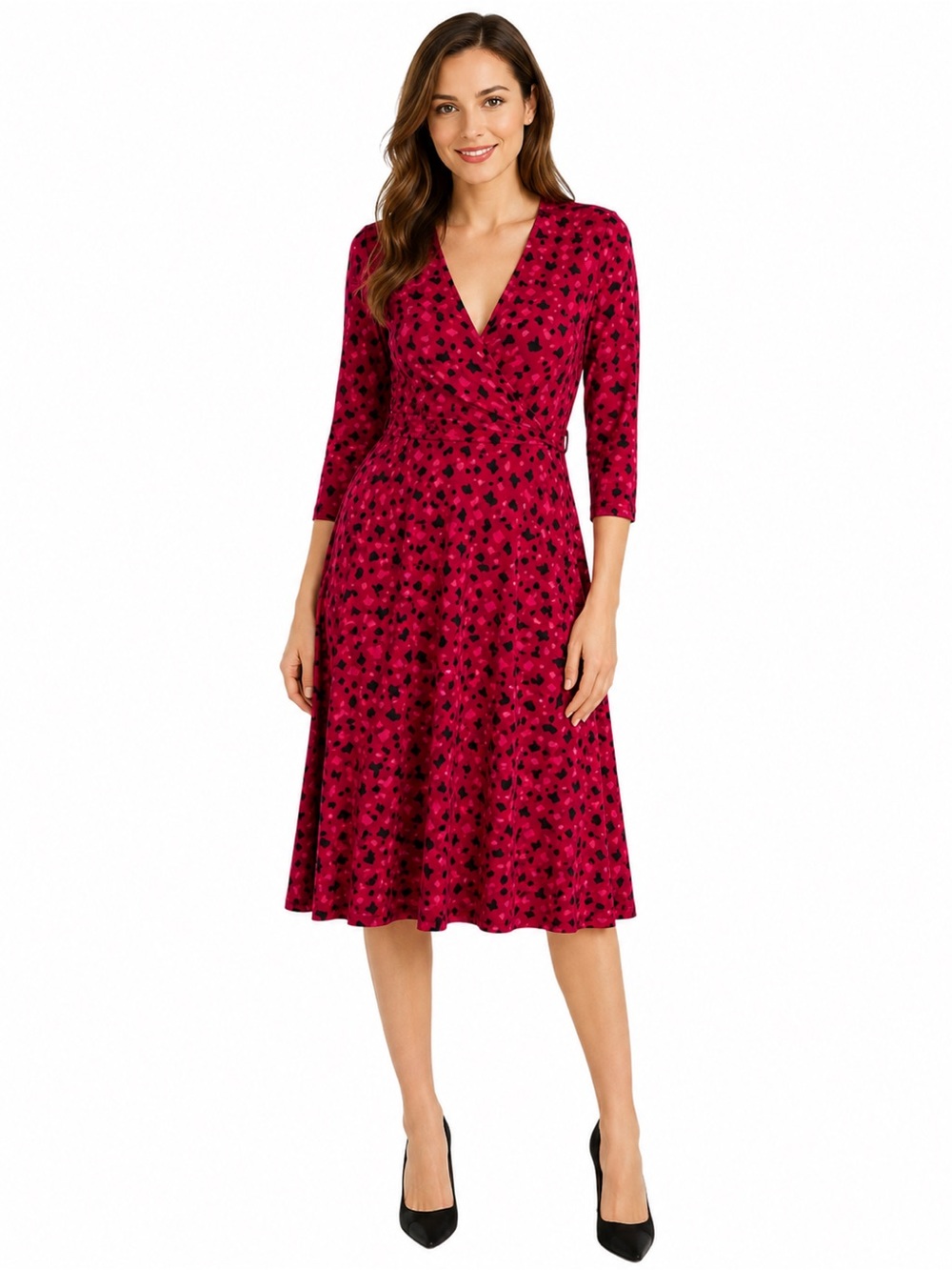 Leota NWT Red Abstract Faux Wrap Fit Flare Dress M Stretch Jersey Made USA Fall
